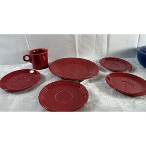 6 Fiesta Pieces 1 O-ring Mug, 4 Saucers, And 1 Luncheon Plate (red)